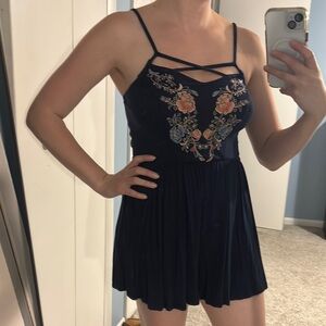 BOGO FREE 
Floral Embroidered Navy Romper